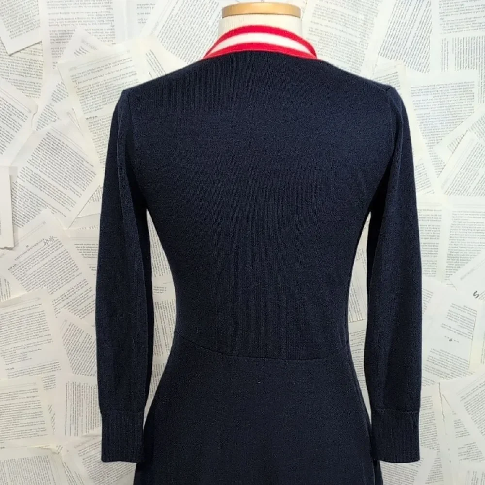 J Crew Naval Style Navy Dress with Red and White Bow Accent Size Small